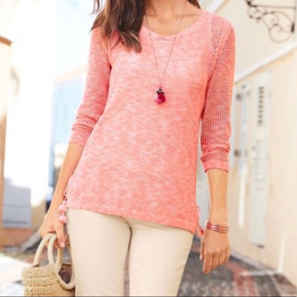 NWT Talbots Peach Coral Mesh Side Tie Sweater SMP